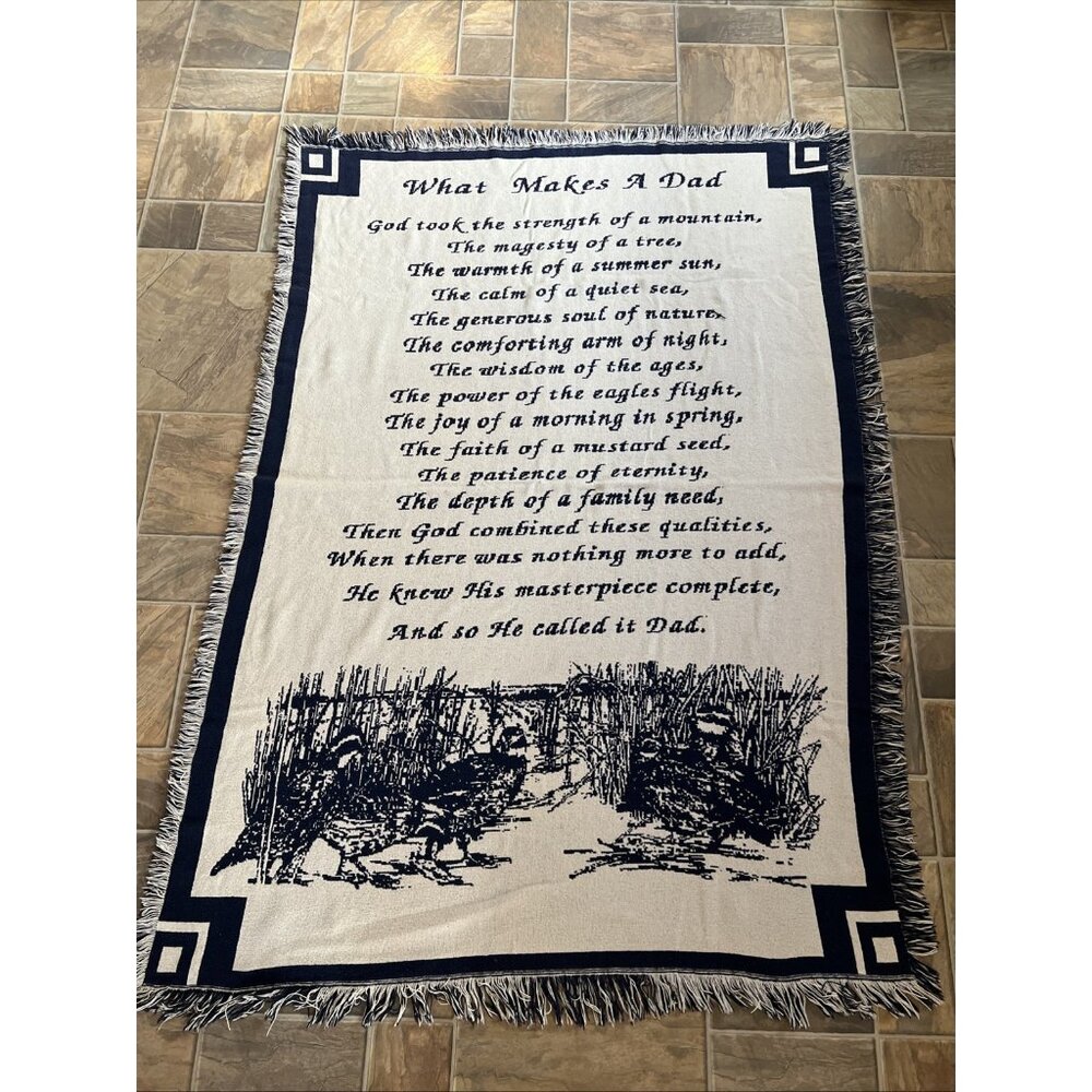 Woven Throw Blanket "What Makes A Dad" Blue Ivory Soft Woven Cotton 71" Long Vtg - Picture 11 of 11